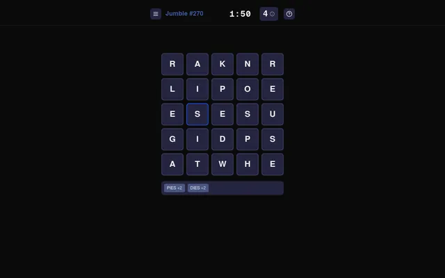 Jumble #270 on 28 October 2026: a 5 by 5 letter grid with the timer at 1:50, a score of 4 and the found words PIES and DIES at 2 points each