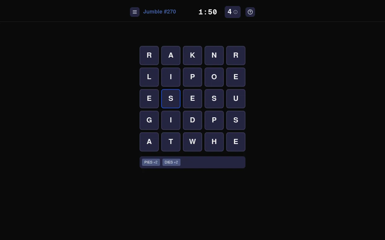 Jumble #270 on 28 October 2026: a 5 by 5 letter grid with the timer at 1:50, a score of 4 and the found words PIES and DIES at 2 points each