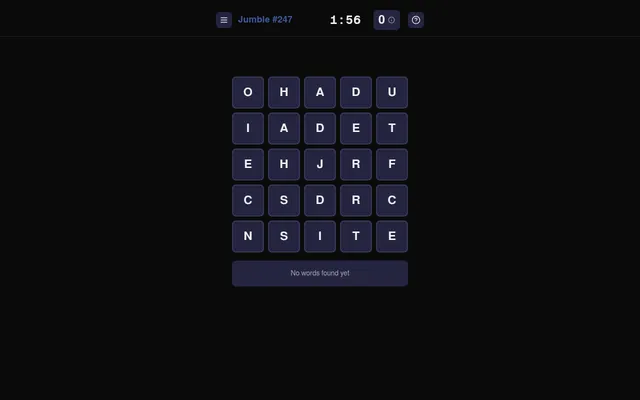 Jumble #247: a 5 by 5 grid of letter tiles with a 1:56 timer, a score of 0 and No words found yet