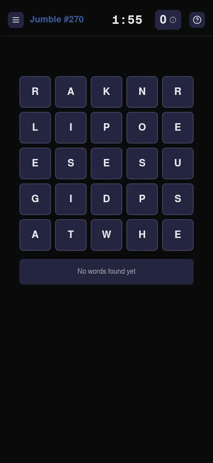 Jumble #270 at phone size: the 5 by 5 letter grid fills the screen under the timer at 1:55 and the score, with no words found yet