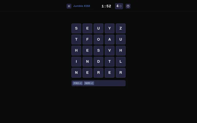 Jumble #268 on 26 October 2026: a 5 by 5 letter grid with the timer at 1:52, a score of 4 and the found words FOES and NERD at 2 points each
