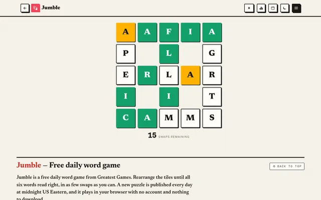 Jumble on Greatest Games, 18 October 2026: the day's scrambled 5x5 word grid with green and yellow tiles and 15 swaps remaining, seen on a desktop