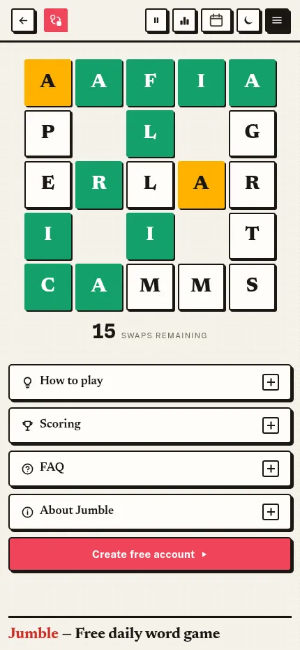 Jumble at phone size: the same day's 5x5 swap grid above the How to play, Scoring, FAQ and About panels