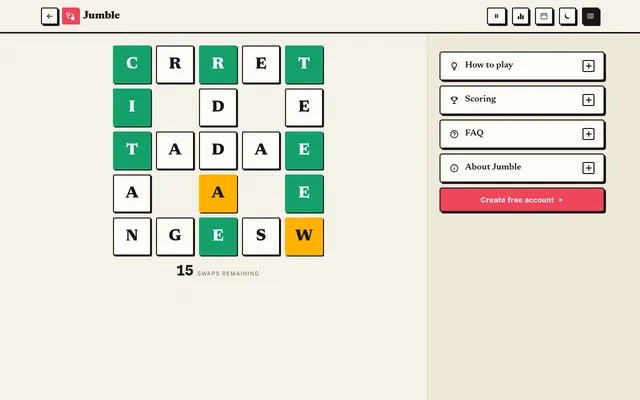 Jumble on Greatest Games: the day's scrambled 5x5 word grid with green tiles in the right place, yellow tiles in the wrong one, and 15 swaps remaining