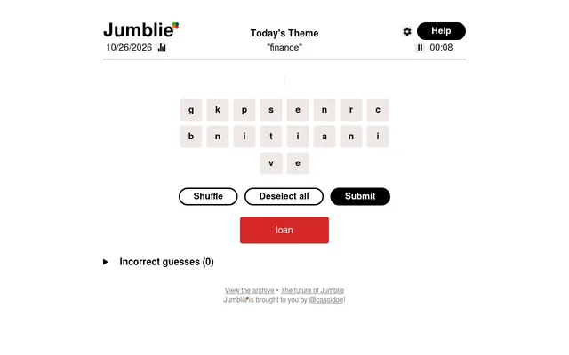 Jumblie on 26 October 2026: the theme "finance", a pool of 18 letter tiles, the timer at 0:08 and the found word loan in red