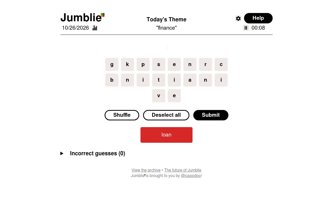 Jumblie on 26 October 2026: the theme "finance", a pool of 18 letter tiles, the timer at 0:08 and the found word loan in red
