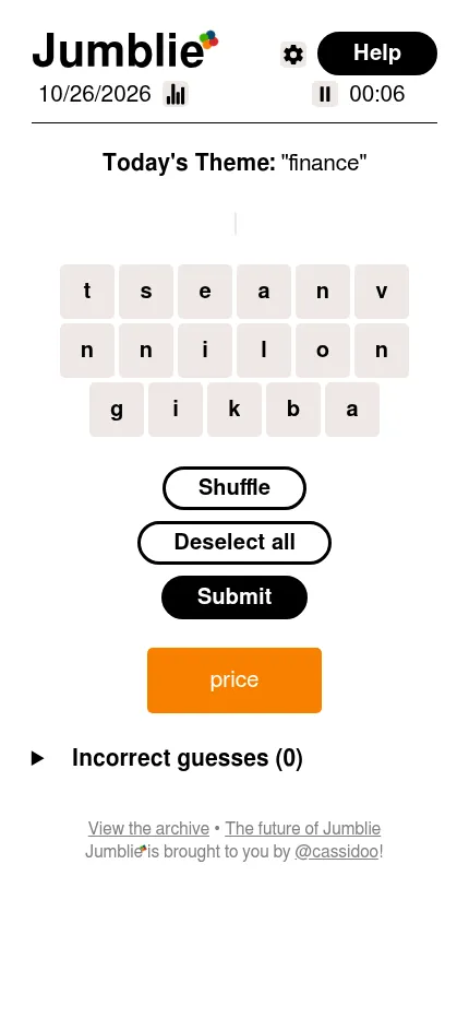 Jumblie at phone size on 26 October 2026: the finance theme, three rows of letter tiles and the found word price in orange