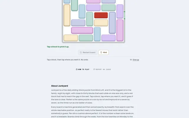 Junkyard board on mindloftdaily.com: an eight by eight lot packed with coloured sliding blocks and the red block in the exit row, with Restart board and Hint below