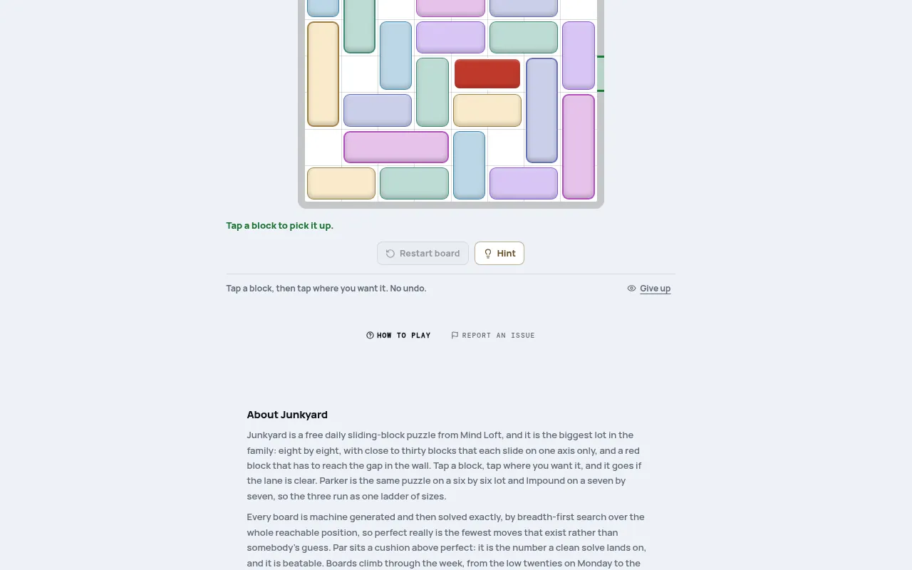 Junkyard board on mindloftdaily.com: an eight by eight lot packed with coloured sliding blocks and the red block in the exit row, with Restart board and Hint below