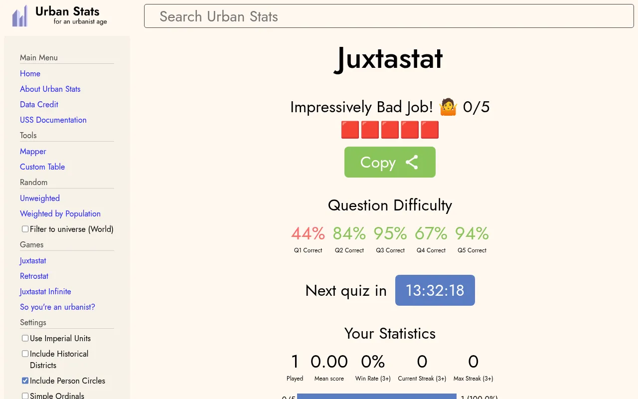 The Juxtastat end screen: a row of five result squares, a Copy button, the share of players who got each question right and a countdown to the next quiz