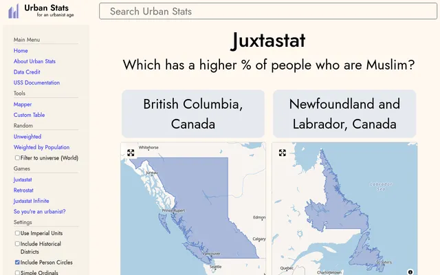 A Juxtastat question: which has a higher percentage of people who are Muslim, British Columbia or Newfoundland and Labrador, with a map of each
