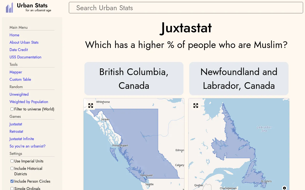 A Juxtastat question: which has a higher percentage of people who are Muslim, British Columbia or Newfoundland and Labrador, with a map of each