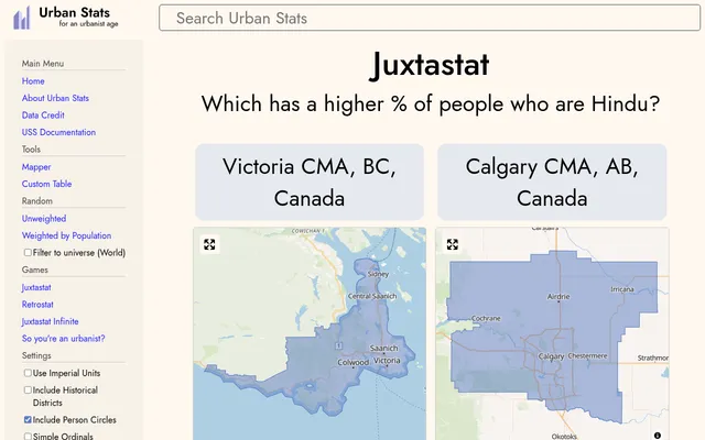 A Juxtastat question on a desktop: which has a higher % of people who are Hindu, Victoria CMA or Calgary CMA, with an outline map of each for reference
