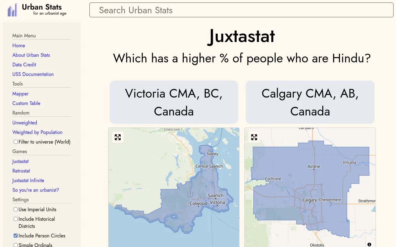 A Juxtastat question on a desktop: which has a higher % of people who are Hindu, Victoria CMA or Calgary CMA, with an outline map of each for reference