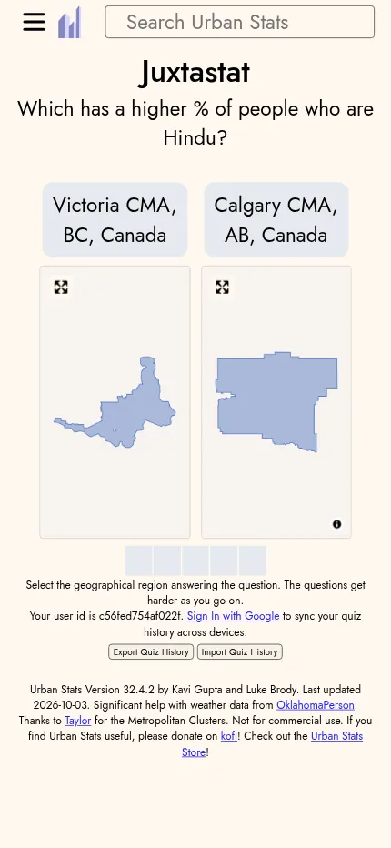The same Juxtastat question on a phone, the two place names above their outline maps and five empty score squares below