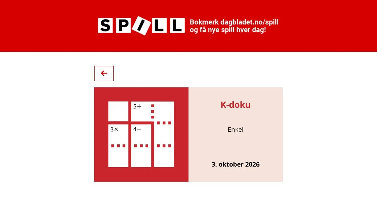 Dagbladet Spill K-doku card for 3 October 2026, difficulty Enkel, with an icon of a grid of cages marked 5+, 3x and 4-
