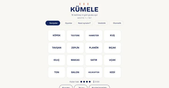 Kümele board with 16 Turkish words such as KÖPEK, TESTERE, ZEPLİN and BIÇAK in a four by four grid, and four chances left