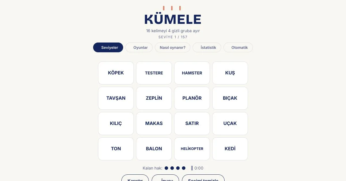 Kümele board with 16 Turkish words such as KÖPEK, TESTERE, ZEPLİN and BIÇAK in a four by four grid, and four chances left
