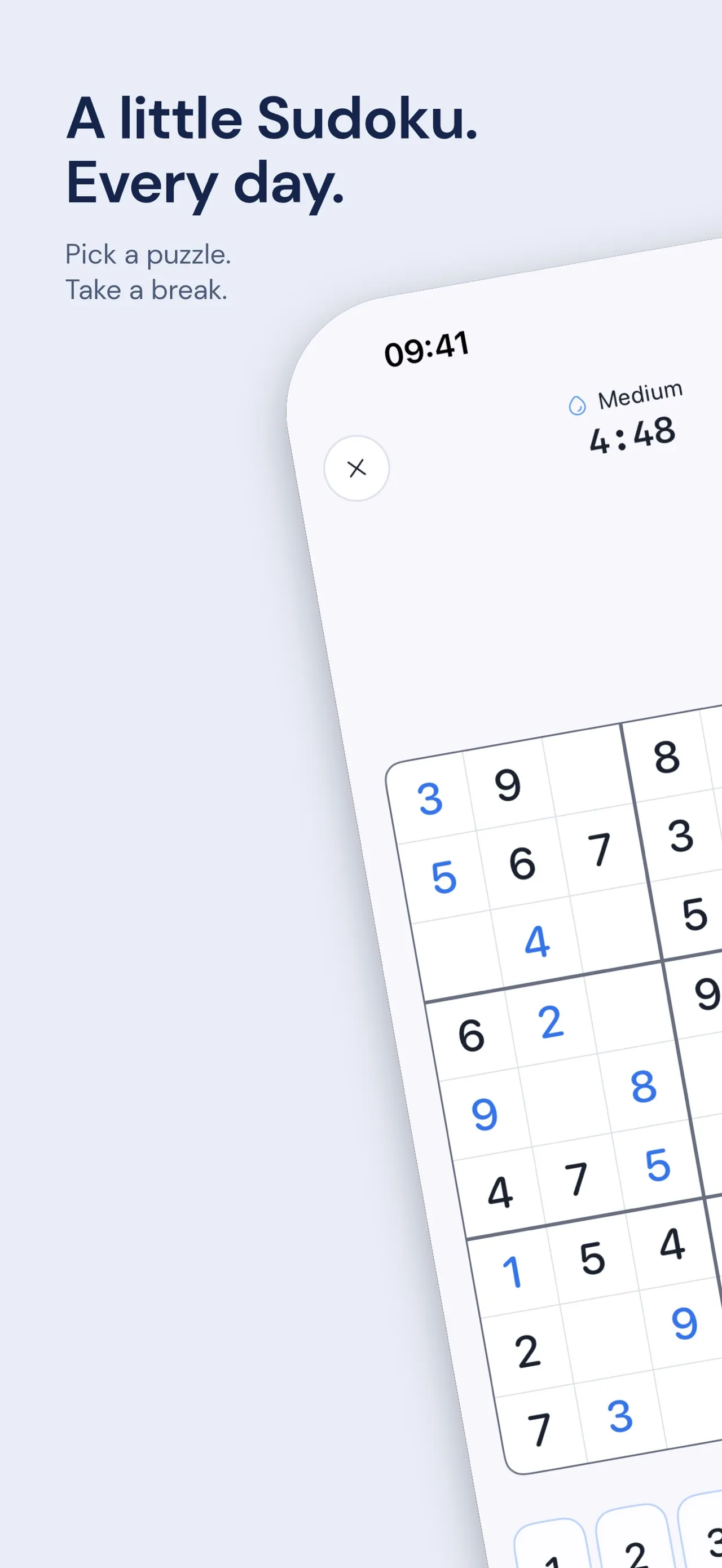 Kaidoku classic sudoku in play on Medium at 4:48, with entered digits in blue