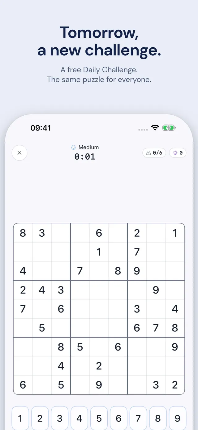 Kaidoku daily challenge, a Medium 9x9 sudoku at 0:01 with a 0/6 mistake counter and a number pad below