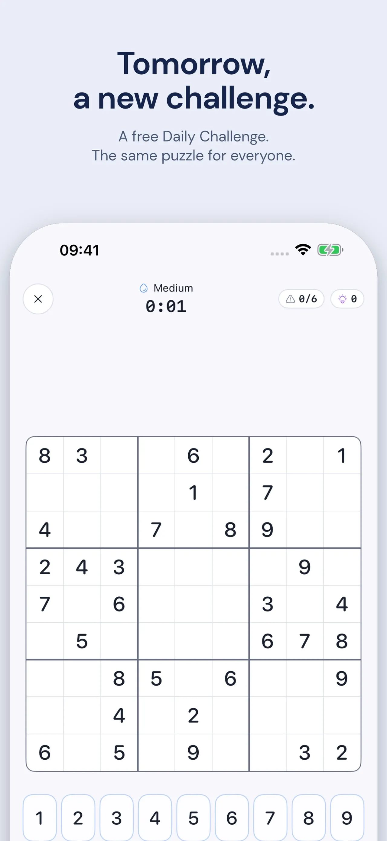 Kaidoku daily challenge, a Medium 9x9 sudoku at 0:01 with a 0/6 mistake counter and a number pad below
