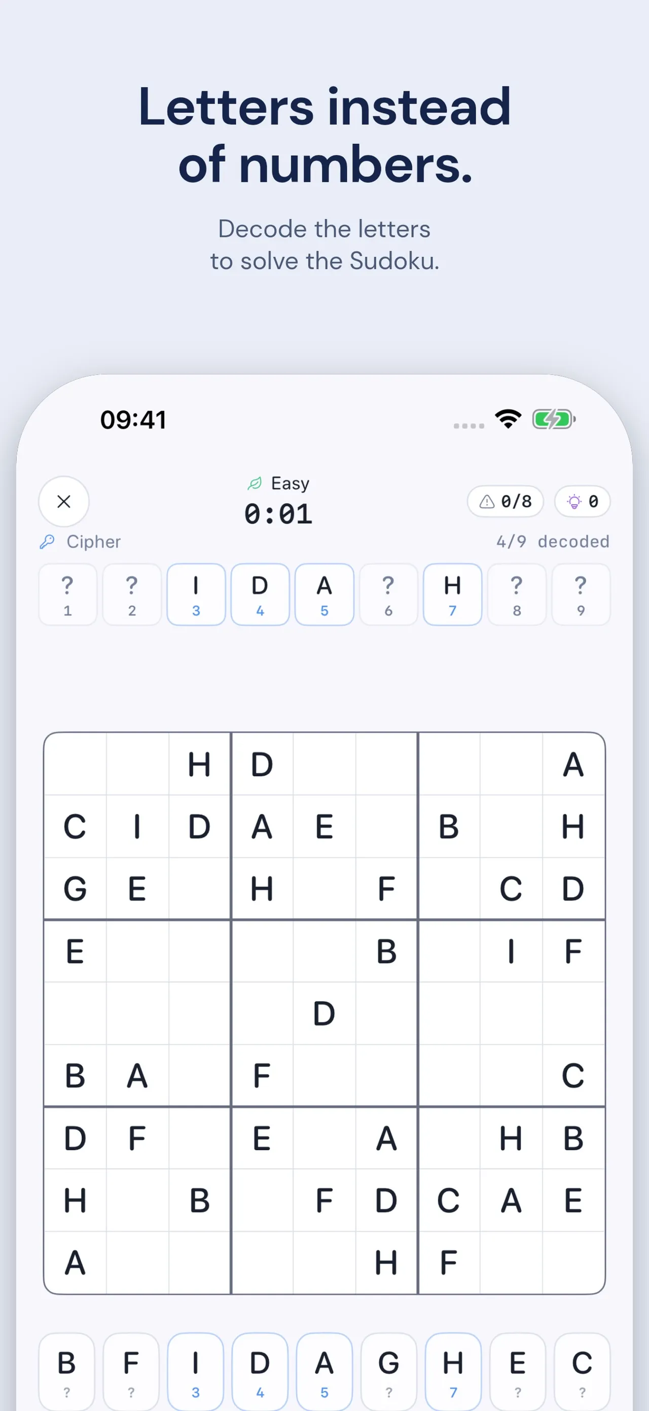 Kaidoku Cipher Mode: a sudoku filled with the letters A to I, with 4 of 9 letters decoded to digits in a row above the grid