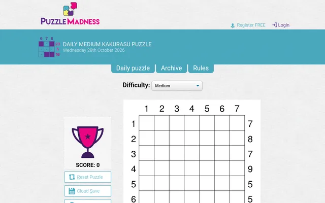Today's Medium Kakurasu grid on PuzzleMadness for 28 October 2026: an empty 7x7 grid with cell values 1 to 7 along the top and left and row totals on the right