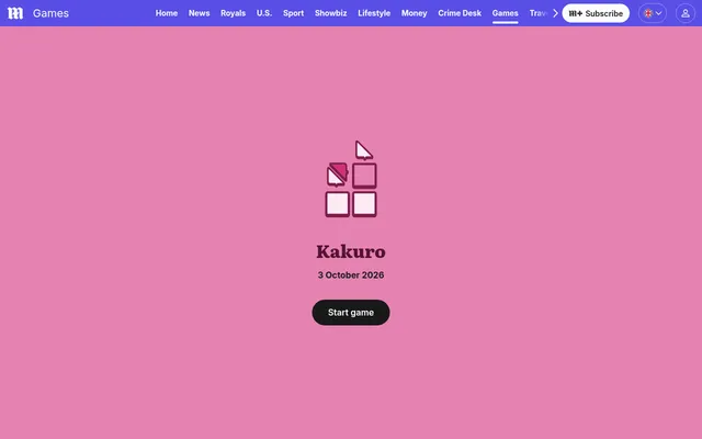 The Kakuro start screen on the Daily Mail games page: the game's own icon and name, the date 3 October 2026 and a button to start the day's puzzle