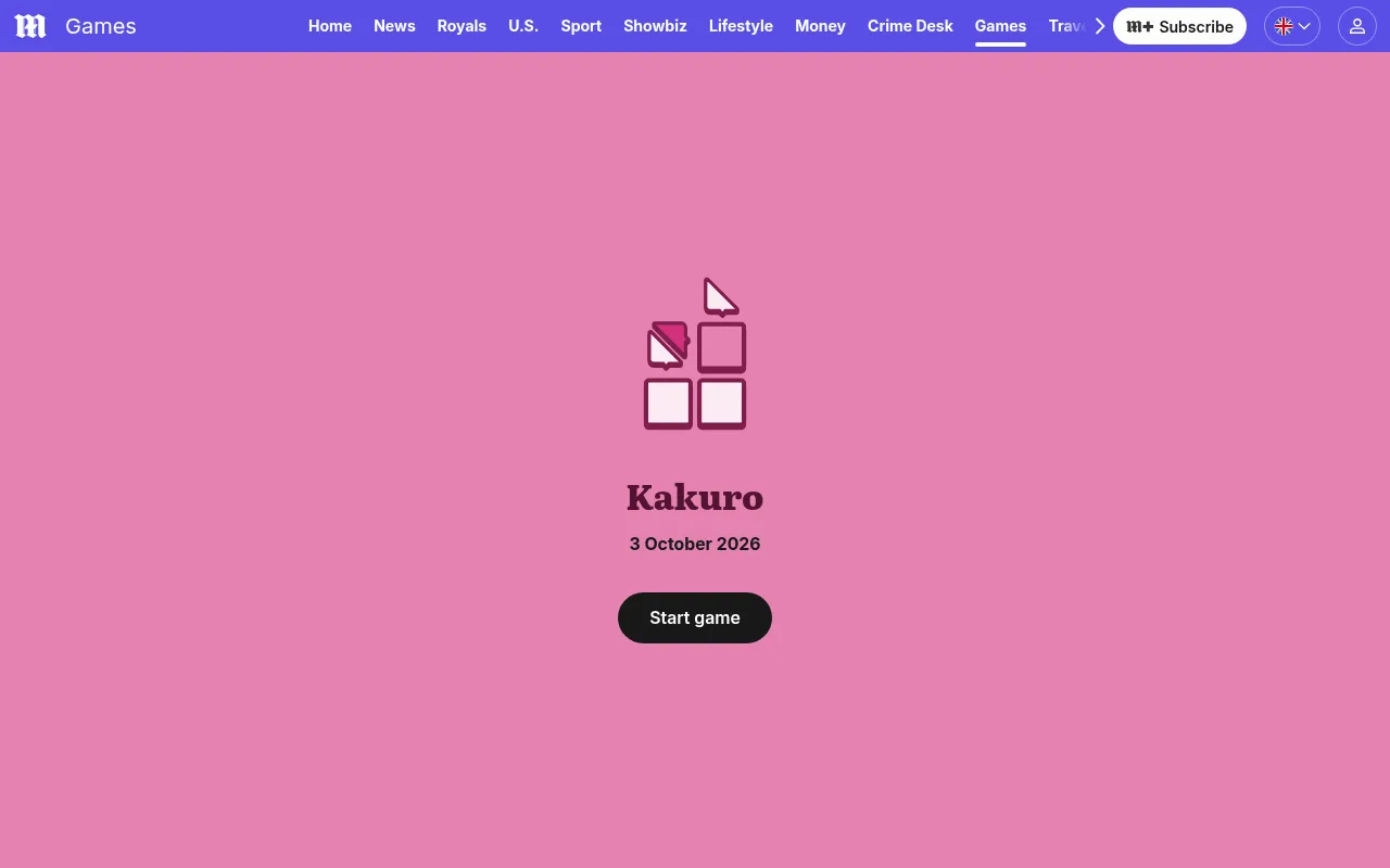 The Kakuro start screen on the Daily Mail games page: the game's own icon and name, the date 3 October 2026 and a button to start the day's puzzle