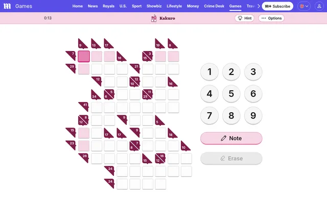 Daily Mail Kakuro for 7 October 2026 in play: a grid of white cells with maroon clue triangles holding sums such as 29, 34 and 41, beside a 1 to 9 number pad