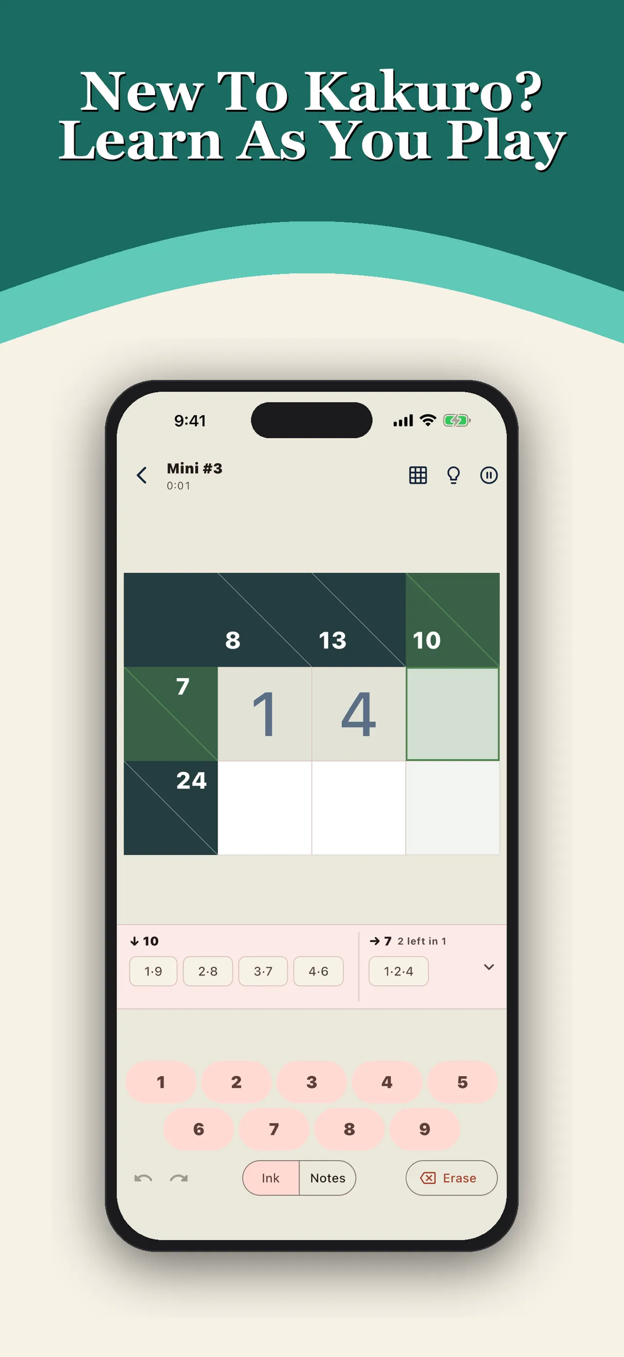 A small Kakuro Haven Mini grid with its clue combinations shown below
