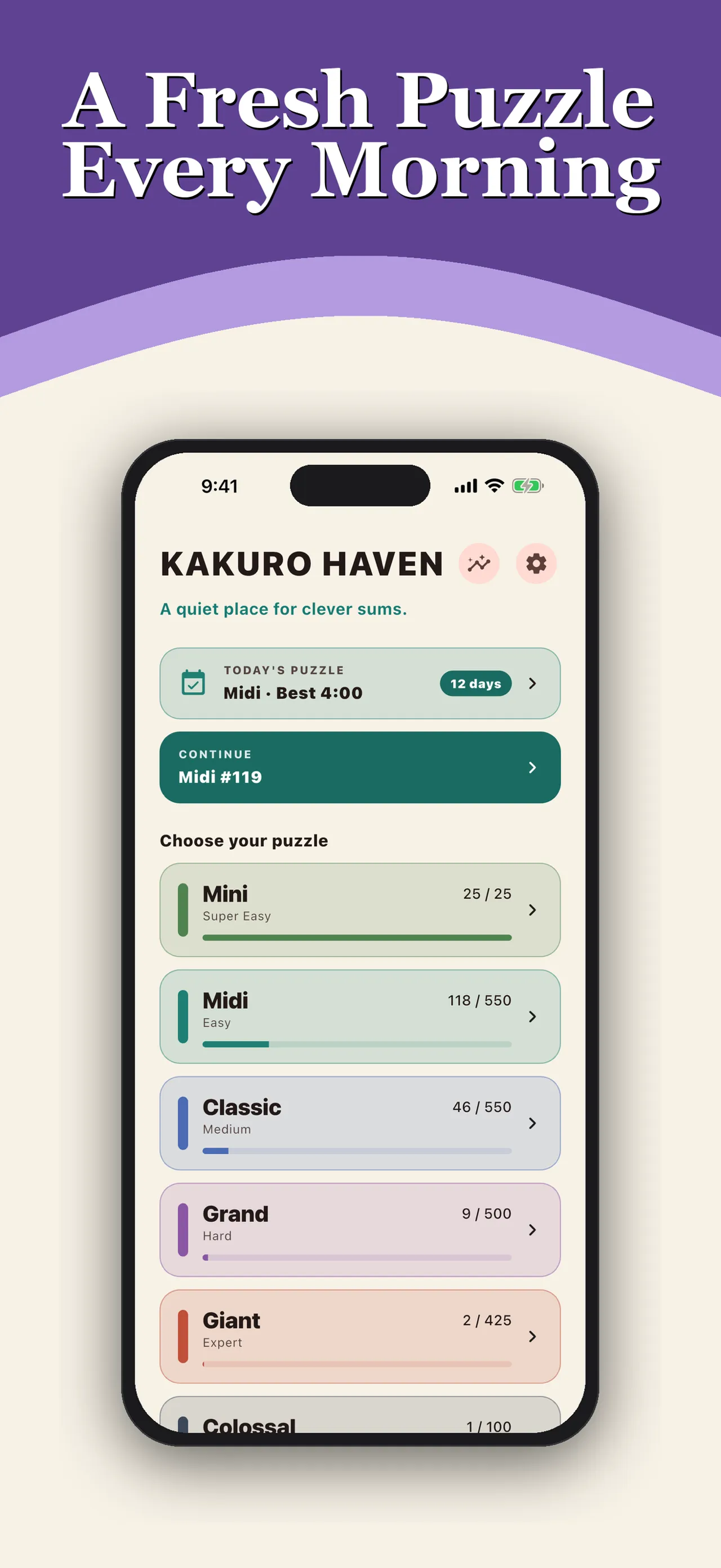 Kakuro Haven's home screen with Today's Puzzle, a 12-day streak and the six puzzle sizes