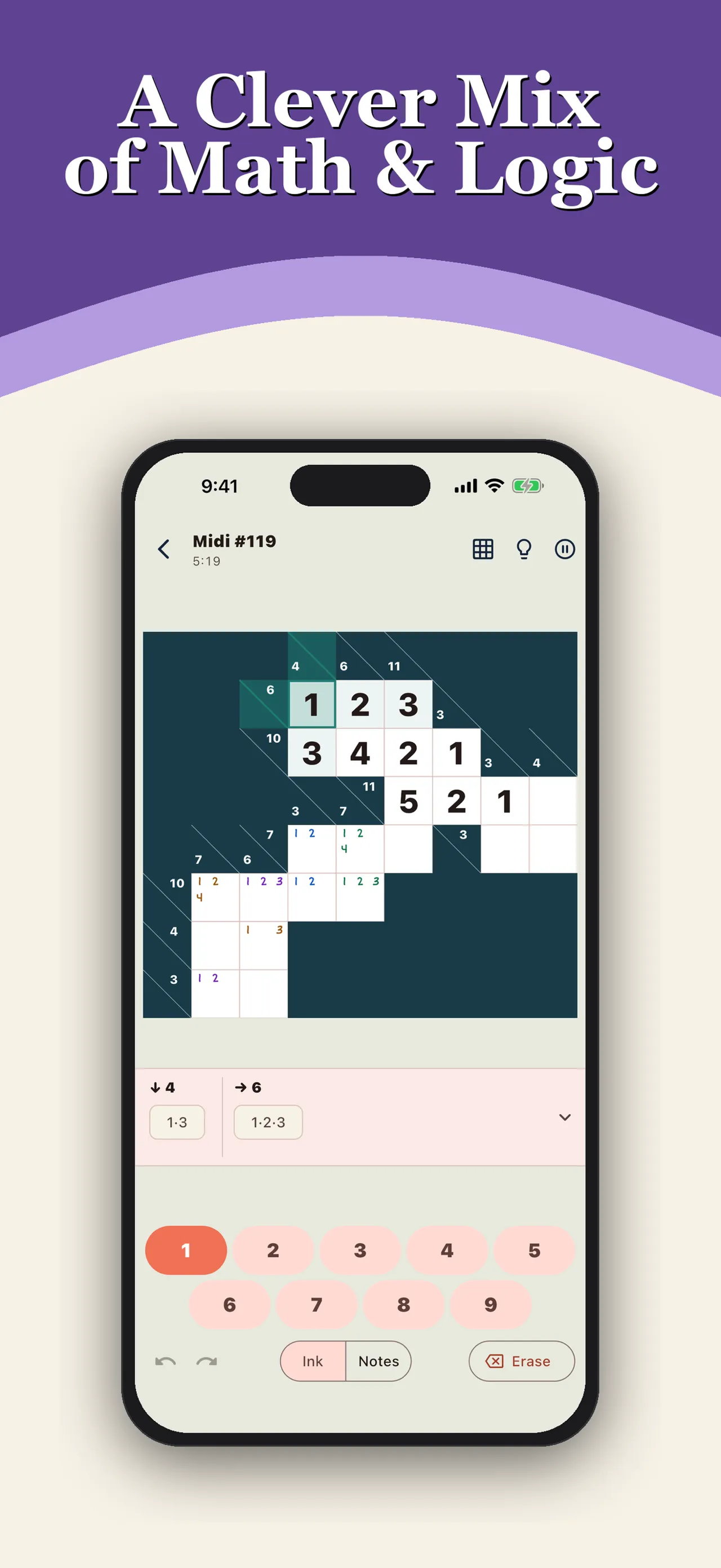 A Kakuro Haven grid in progress with sum clues, pencil marks and a digit pad