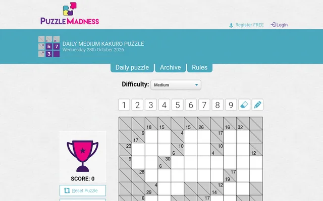 The PuzzleMadness daily Medium Kakuro for 28 October 2026 on a desktop, an empty 11x11 grid with grey clue squares and the 1 to 9 entry buttons above it