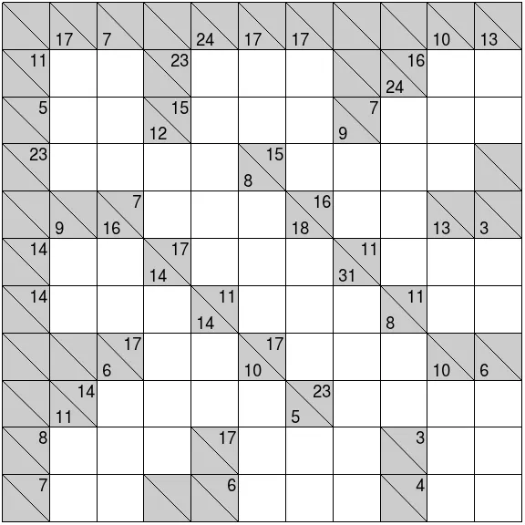 Today's medium Kakuro grid on PuzzleMadness, empty white runs with diagonal grey clue squares giving the sums