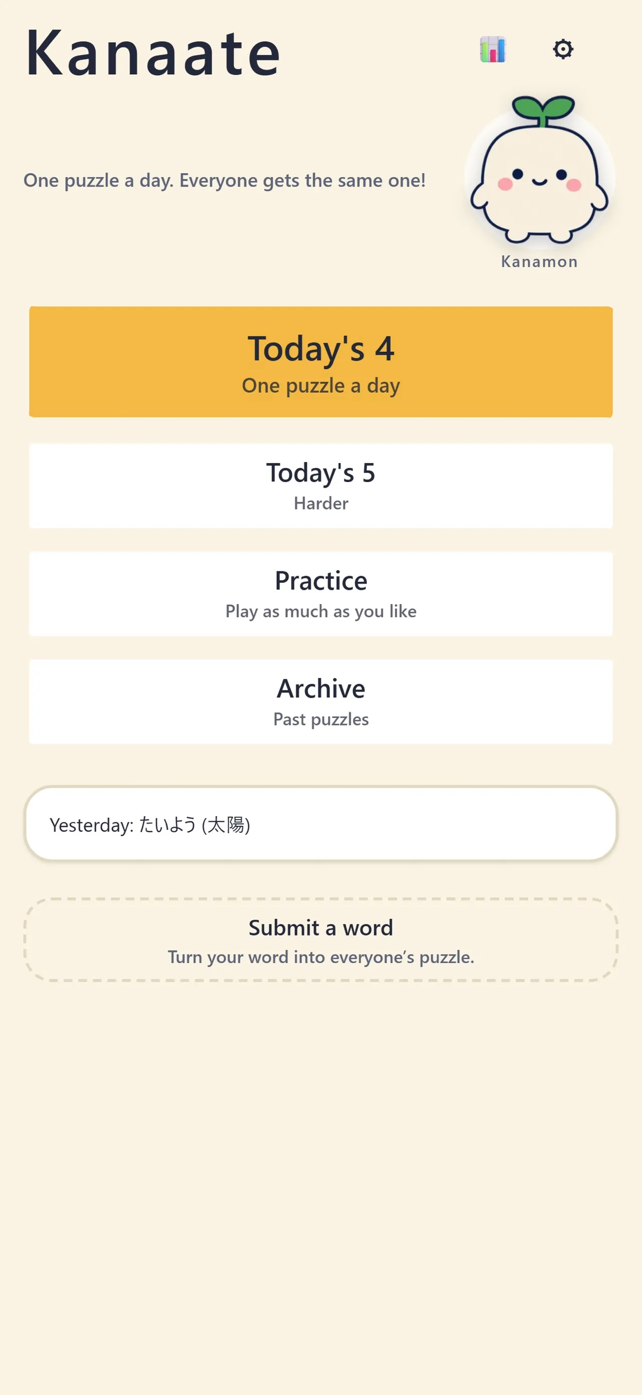 Kanaate home screen with Today's 4, Today's 5, Practice and Archive buttons and yesterday's answer たいよう (太陽)