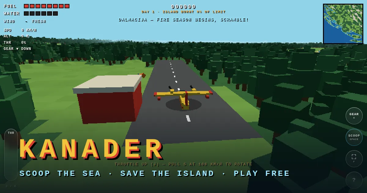 Kanader's start screen with the five maps, three difficulties and the Daily and Free Flight buttons