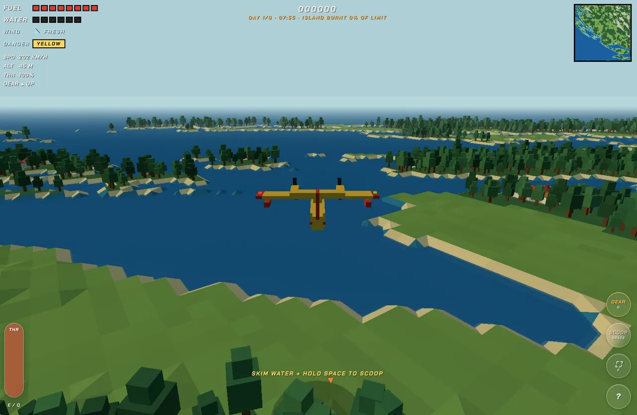 Kanader's yellow water bomber skimming a river between voxel forests, trailing spray as it scoops water