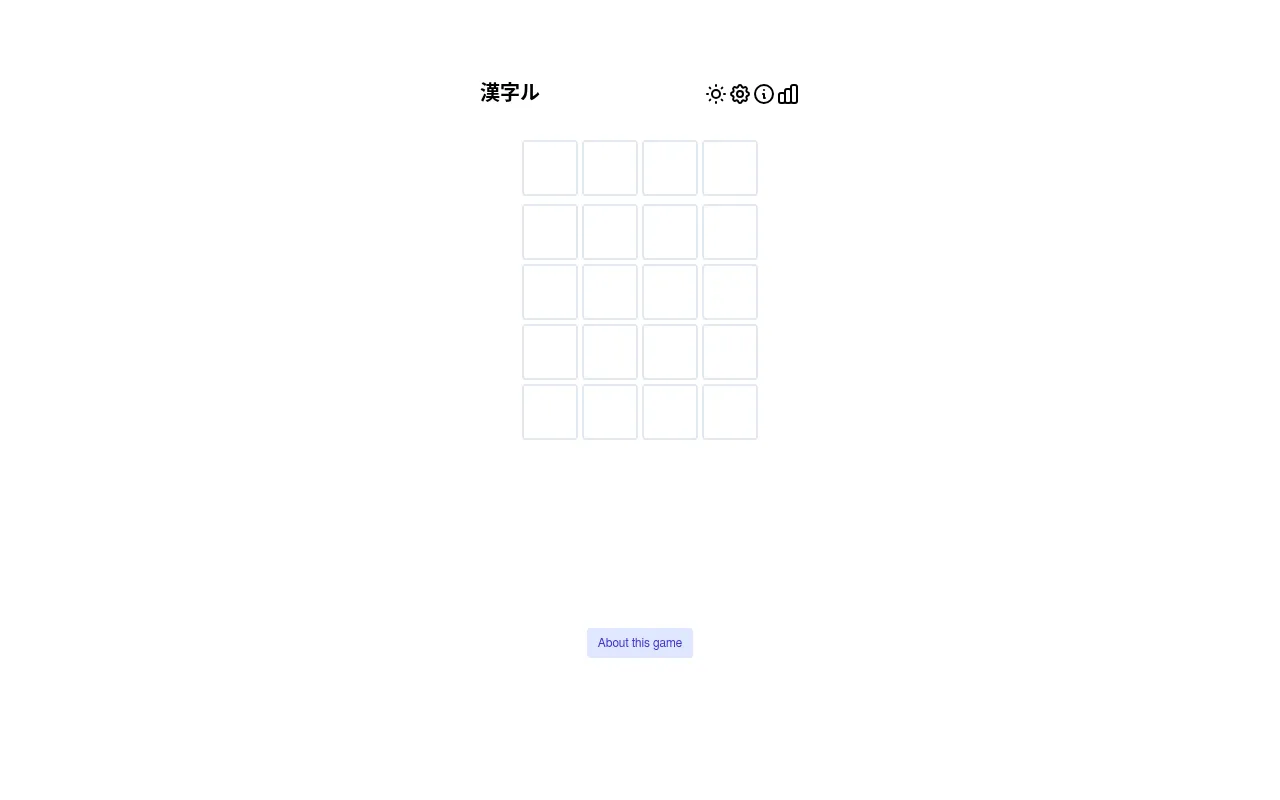 Kanjile (漢字ル) board before the first guess: an empty grid four squares wide for four-kanji idioms, with theme, settings, info and statistics icons