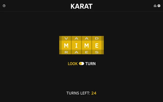 Karat #969 on 19 October 2026: the golden ingot of four letter rings with MIME on its front facet, the LOOK and TURN switch and 24 turns left