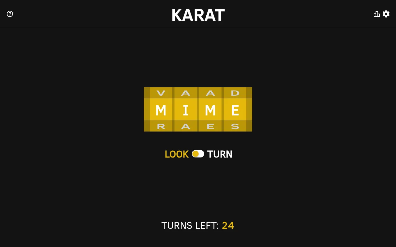 Karat #969 on 19 October 2026: the golden ingot of four letter rings with MIME on its front facet, the LOOK and TURN switch and 24 turns left
