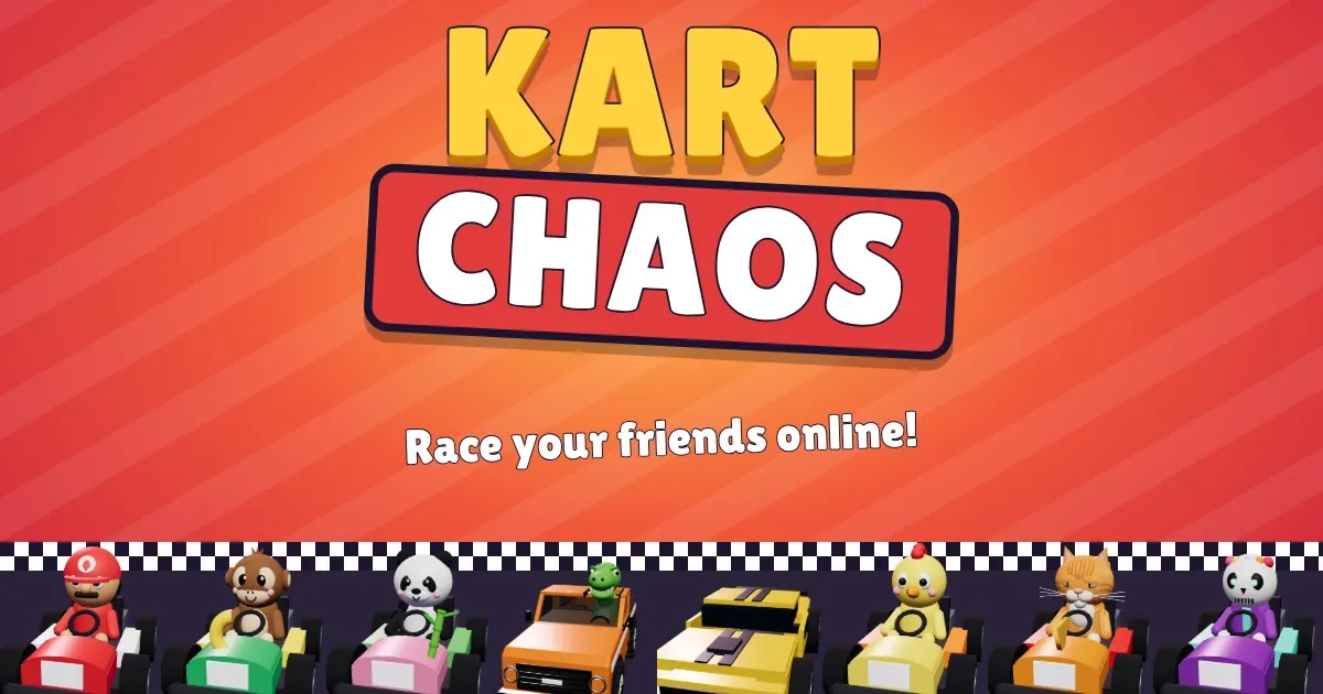 Kart Chaos title art with eight cartoon racers in their karts on the starting grid