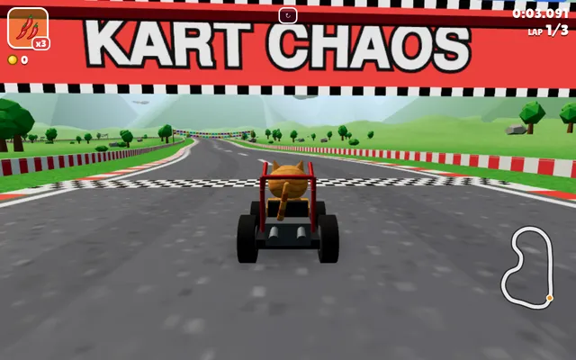 Kart Chaos Daily Challenge of 26 October 2026 under way on Chamo Circuit: the cat racer Dorito in a buggy at the start banner, three chilis, the lap timer and the track map