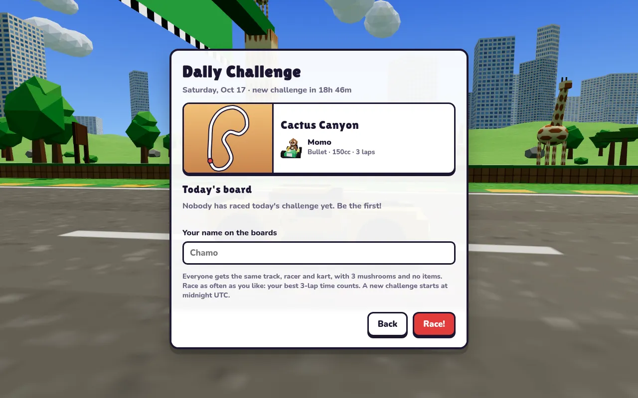 The Kart Chaos Daily Challenge screen for Saturday, Oct 17: Cactus Canyon with the racer Momo, 150cc, 3 laps, and the rule that a new challenge starts at midnight UTC