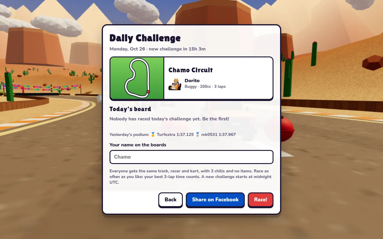 The Kart Chaos Daily Challenge screen for Monday, Oct 26: Chamo Circuit with Dorito, Buggy, 200cc, 3 laps, today's board, yesterday's podium and the midnight UTC reset