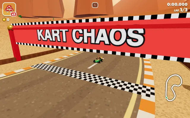 Kart Chaos Daily Challenge race starting under the Kart Chaos banner on the Cactus Canyon desert track, with three mushrooms, the lap counter and the track map