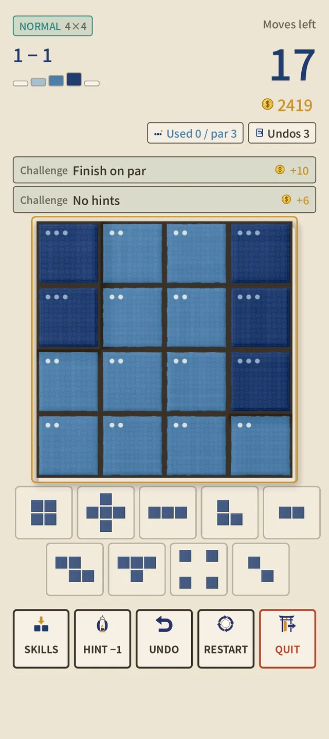 Katazome 4x4 stage with indigo cloth cells marked by dots, moves left, two challenges and a tray of stencil blocks