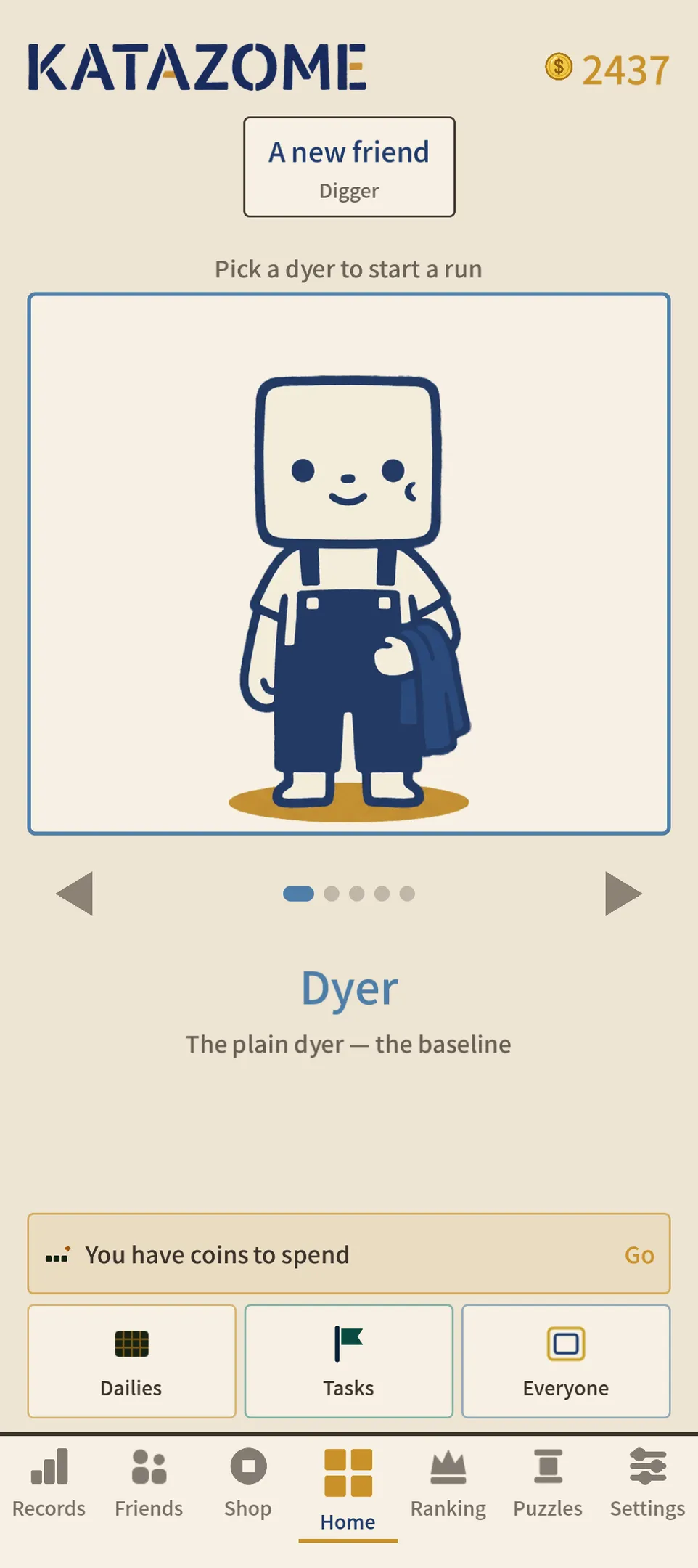 Katazome home screen where you pick a dyer to start a run, with Dailies, Tasks and Everyone buttons