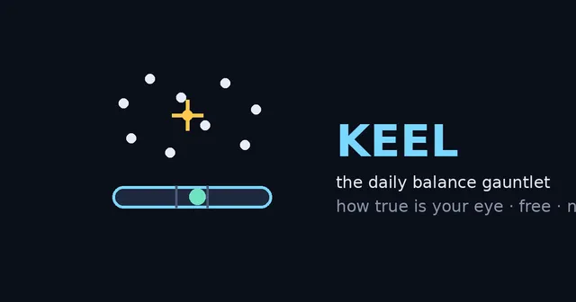 Keel artwork: a scatter of white dots with a yellow crosshair at their balance point and a slider bar, beside the KEEL title