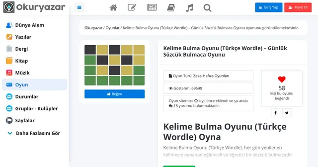 The Kelime Bulma Oyunu page on Okuryazar, with a grid of green, yellow and grey Wordle-style tiles